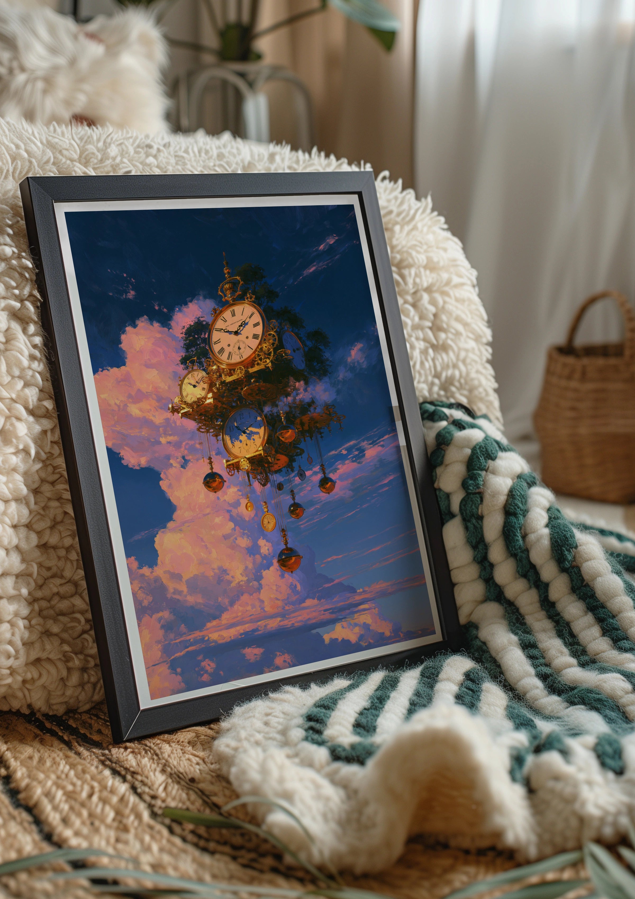 Floating Clock Sky Fantasy Poster, Steampunk Surreal Art Print, Gold Blue