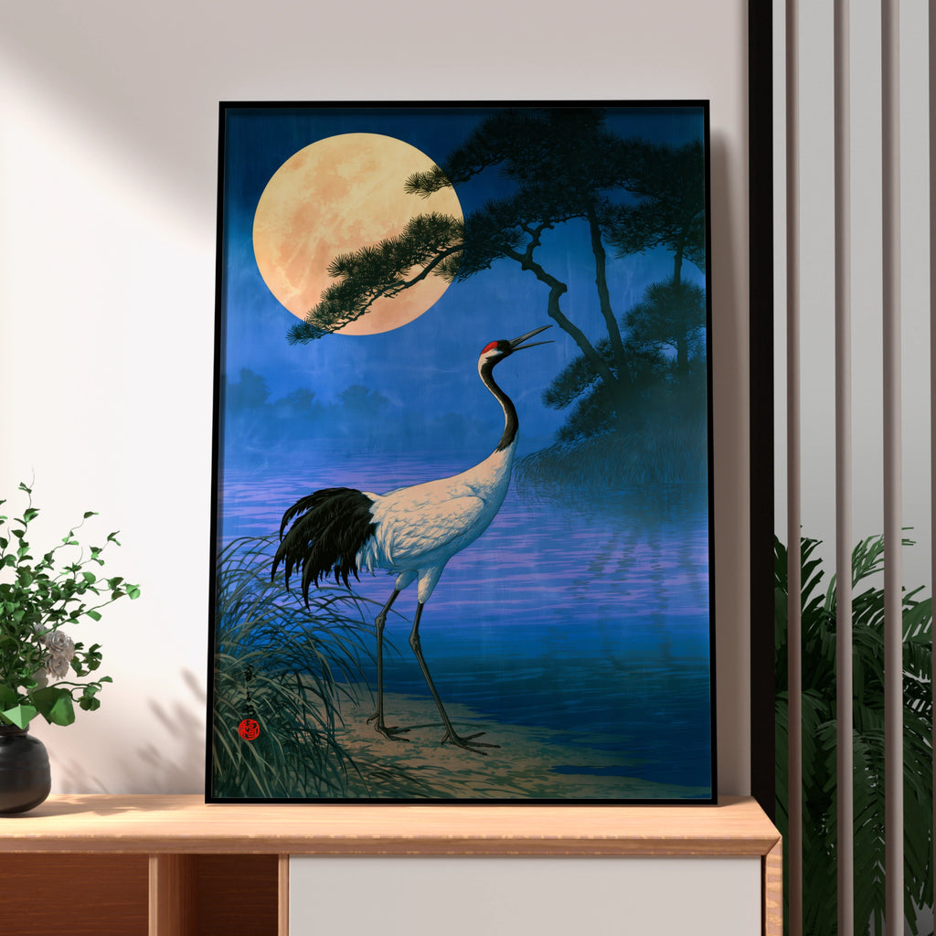 Japanese Crane Full Moon Poster, Ukiyo-e Style Wall Art, Foggy Night Print