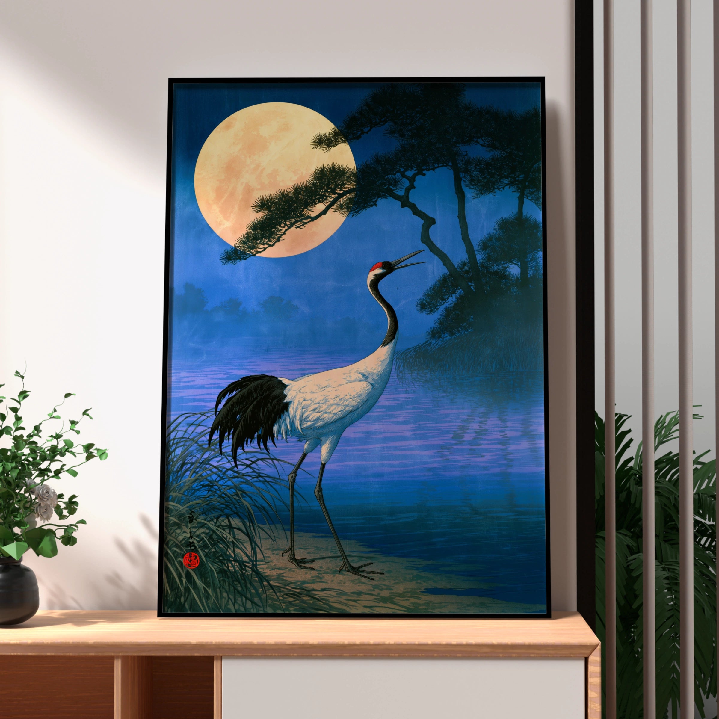 Japanese Crane Full Moon Poster, Ukiyo-e Style Wall Art, Foggy Night Print