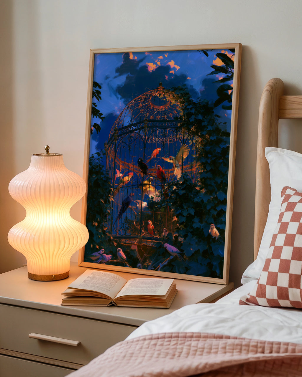 Aviary Parrots Poster, Ornate Birdcage Art Print, Dramatic Twilight Sky