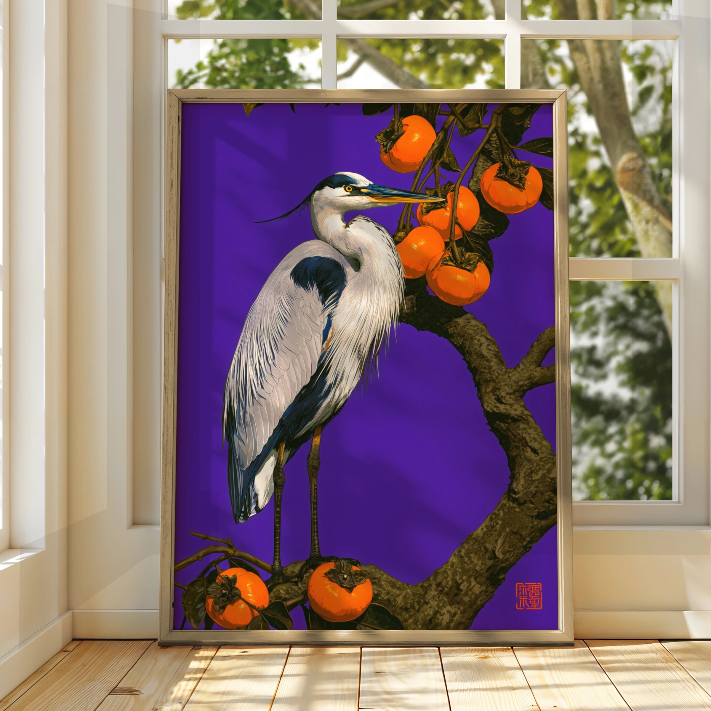 Heron & Persimmon Tree Poster, Japanese Bird Art, Bold Purple Wall Print