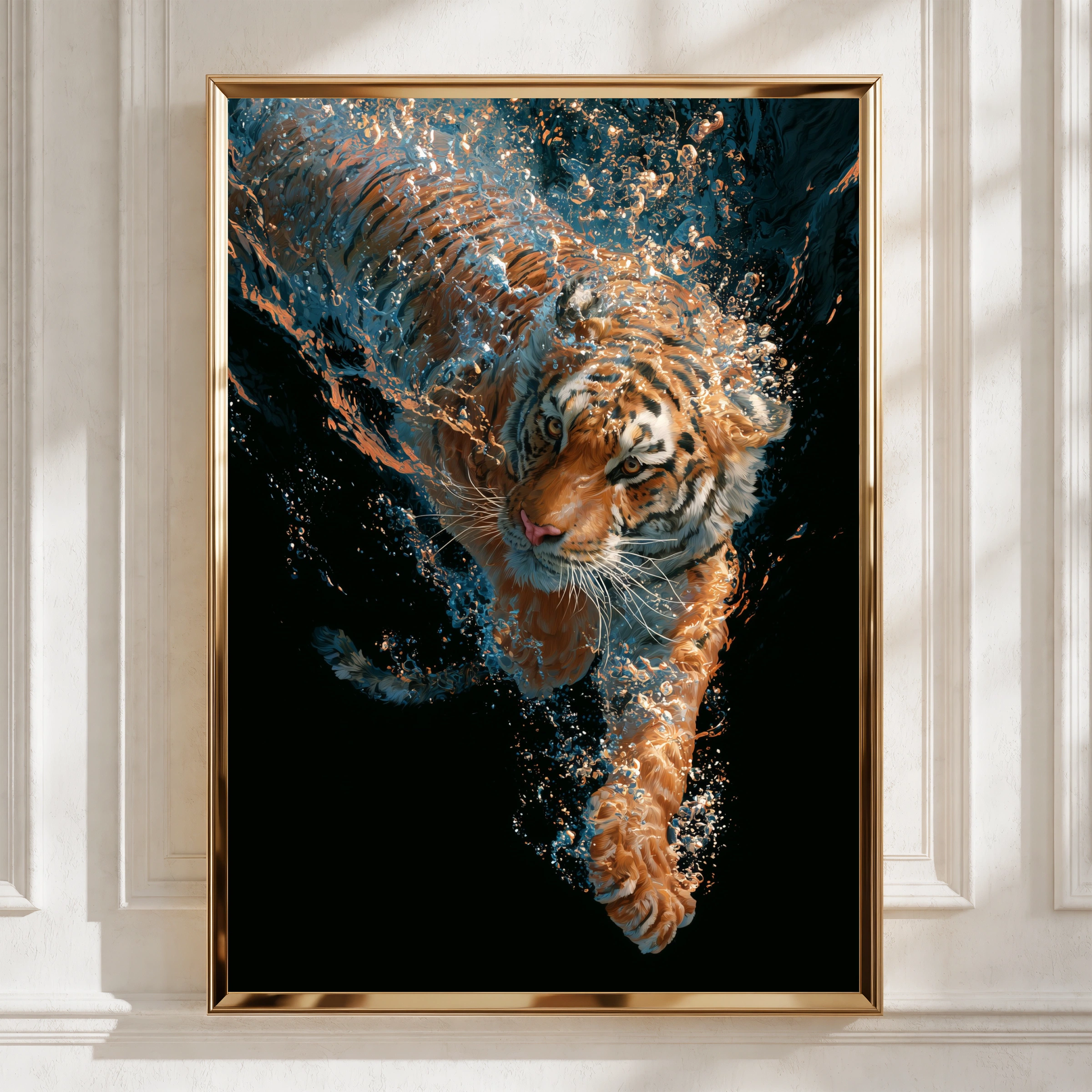 Diving Tiger Underwater Wall Art Poster, Bold Wildlife Print, Dark Dramatic Style