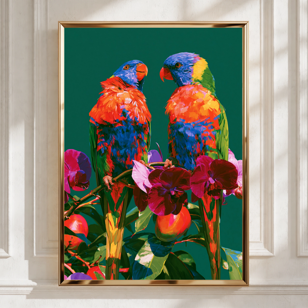 Rainbow Lorikeet Parrots Orchids Poster, Tropical Bird Wall Art Print
