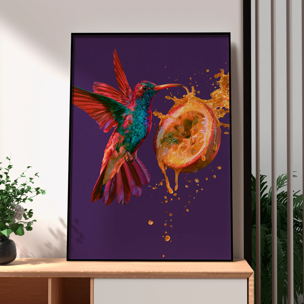 Hummingbird Passion Fruit Wall Art Poster, Vibrant Tropical Bird Print