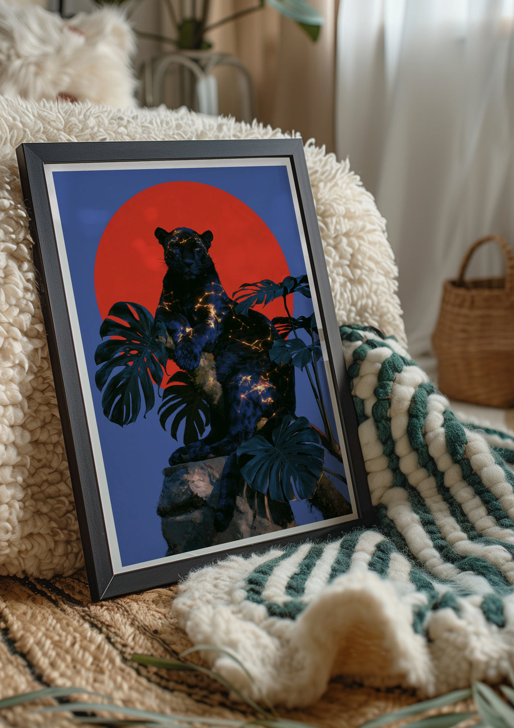 Black Panther Red Sun Monstera Poster, Celestial Big Cat Art Print