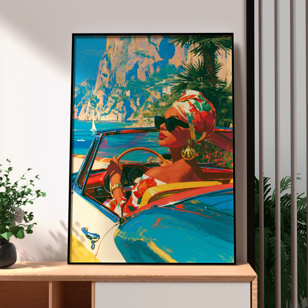 Woman in Convertible Car Coastal Italy Wall Art, Retro Travel Poster