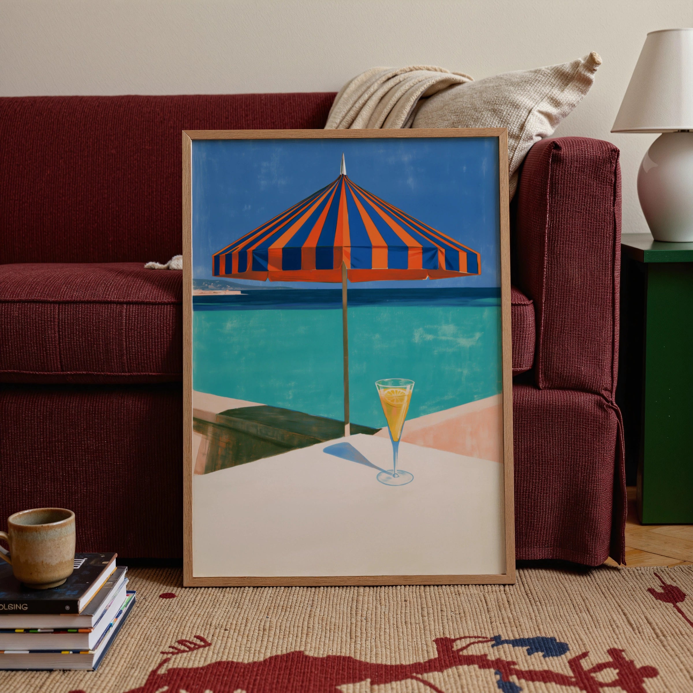 Beach Parasol Cocktail Ocean View Poster, Striped Umbrella, Retro Summer Print