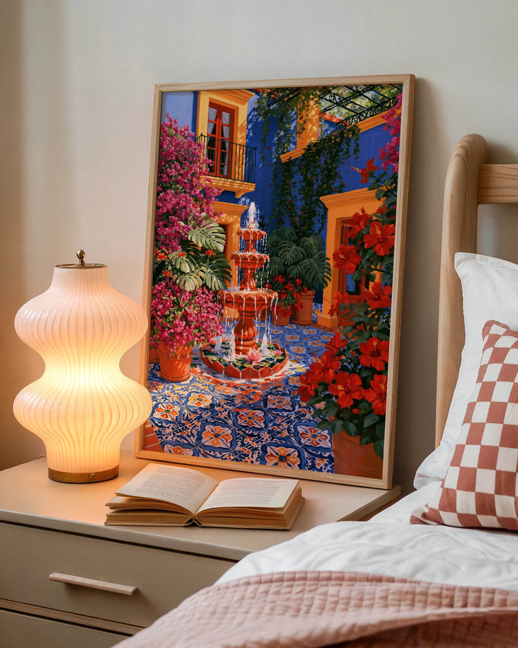 Mexican Courtyard Fountain Wall Art Poster, Colourful Botanical Print
