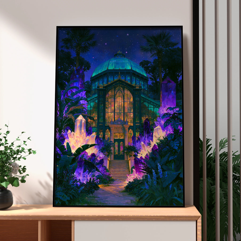 Crystal Greenhouse Surreal Night Poster, Botanical Glasshouse Art Print, Fantasy