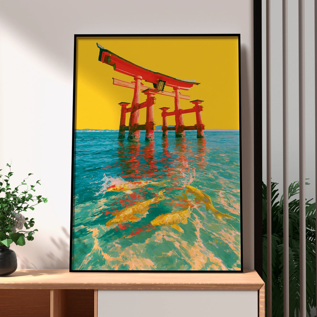 Japanese Torii Gate Koi Fish Poster, Red Gate Yellow Water Art Print