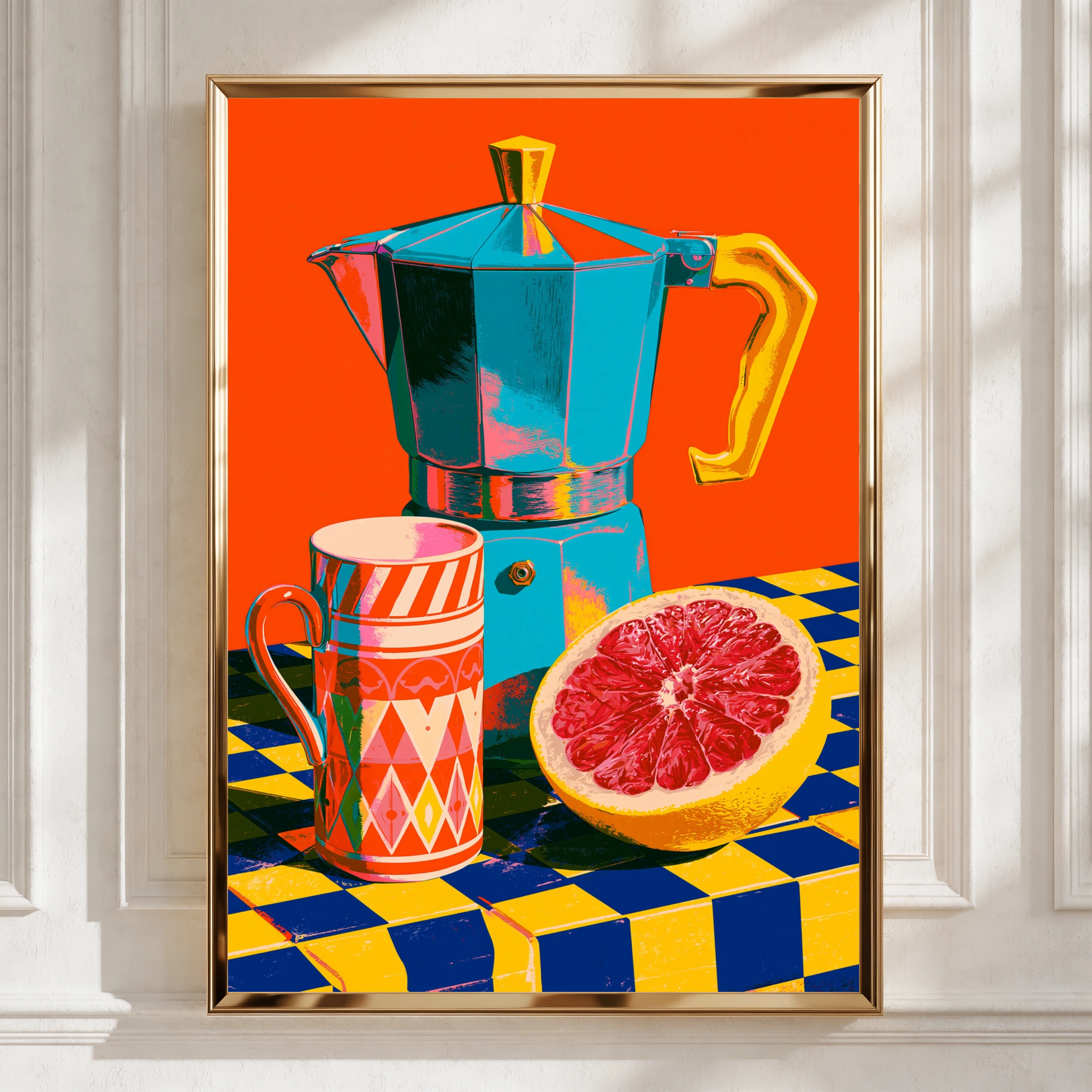 Moka Pot Coffee Print, Bold Pop Art Kitchen Poster, Colourful Still Life
