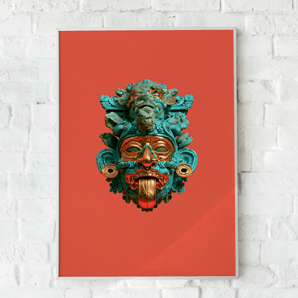 Aztec Mask Poster, Turquoise Red Gold Deity Art, Mesoamerican Wall Print