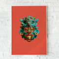 Aztec Mask Poster, Turquoise Red Gold Deity Art, Mesoamerican Wall Print