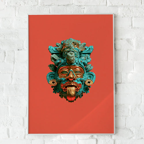 Aztec Mask Poster, Turquoise Red Gold Deity Art, Mesoamerican Wall Print