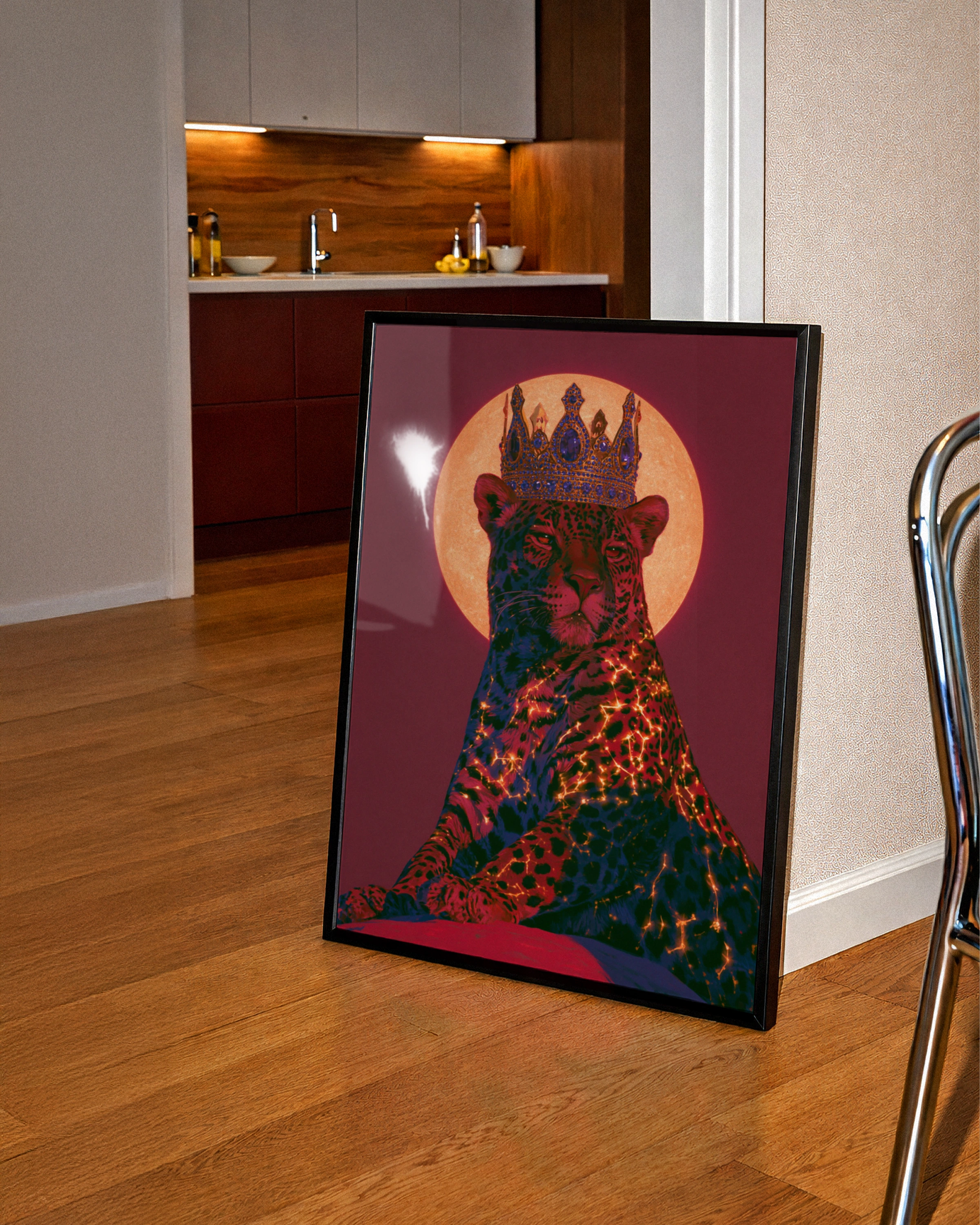 Crowned Jaguar Wall Art Poster, Crimson Moon Big Cat Print, Bold Animal Art