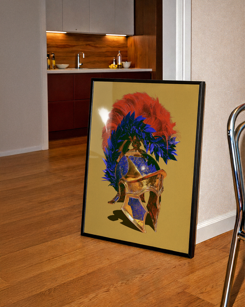 Greek Helmet Poster, Ancient Spartan Warrior Art, Bold Gold Blue Red Print