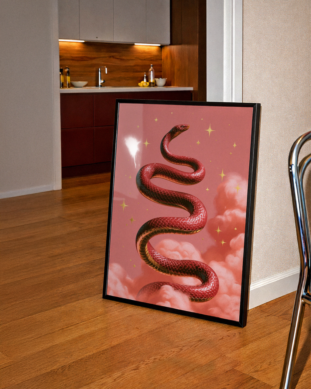 Red Snake Pink Clouds Poster, Celestial Serpent Wall Art, Mystical Print
