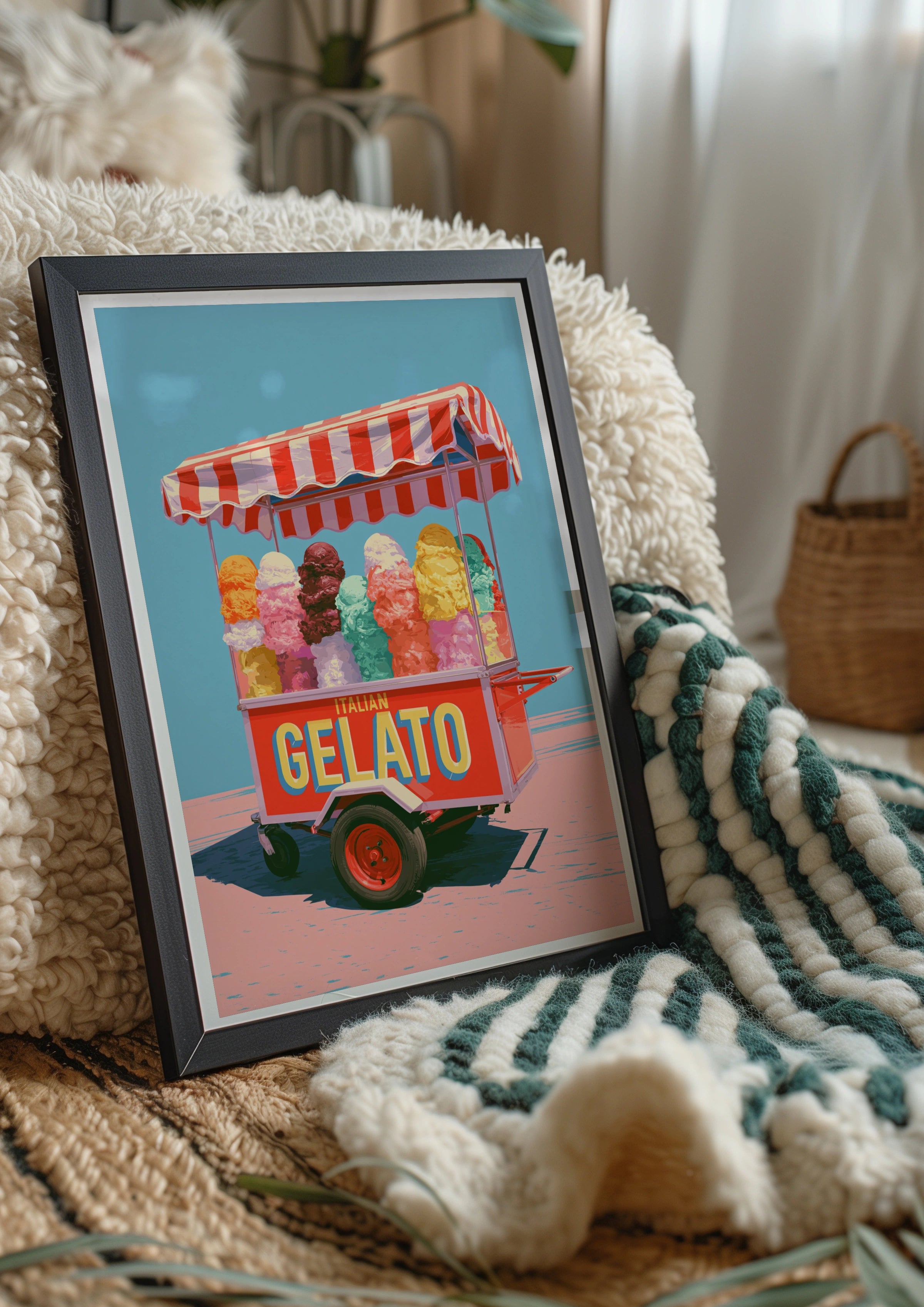 Italian Gelato Cart Poster, Retro Ice Cream Print, Colourful Kitchen Wall Art