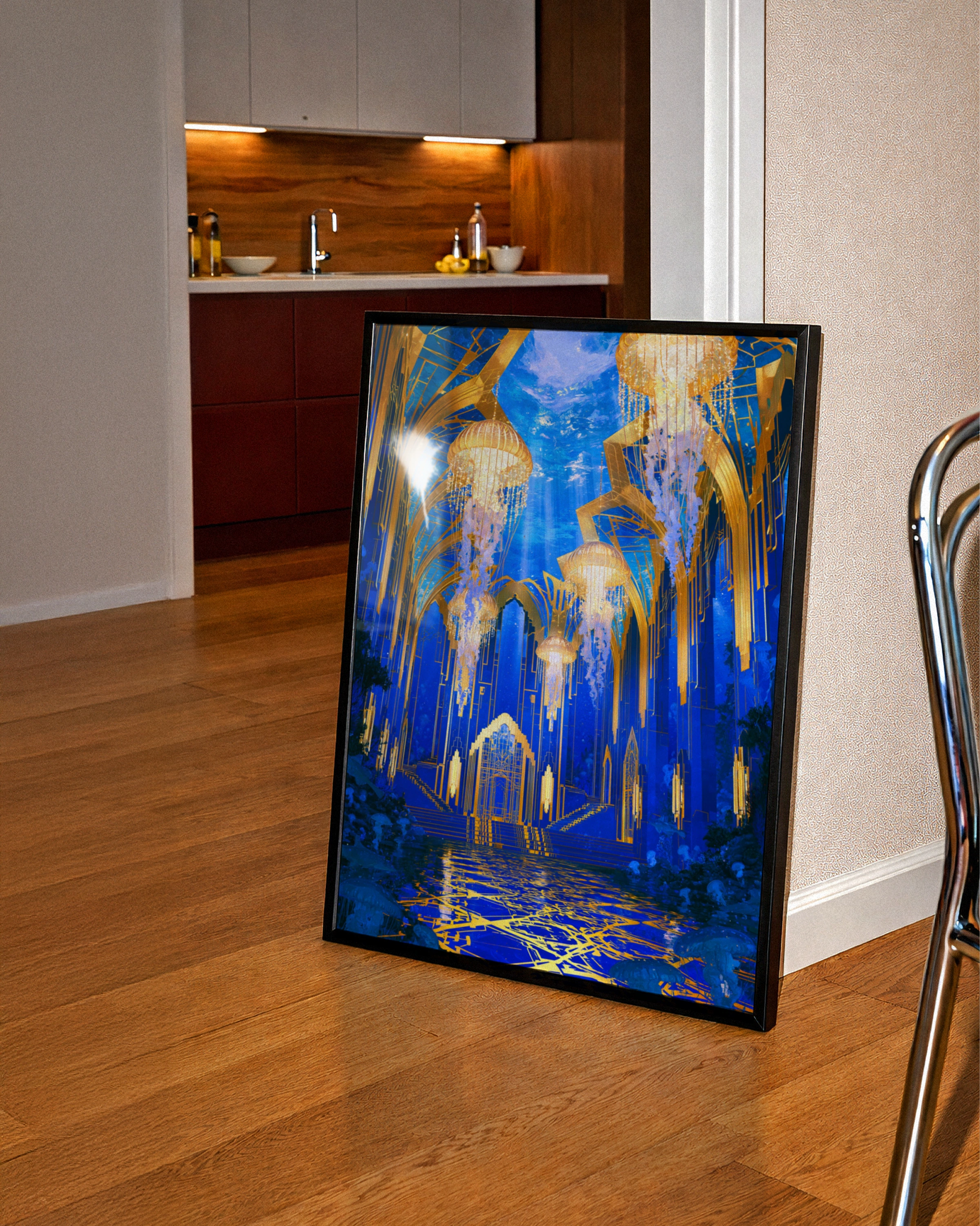 Underwater City Hall Jellyfish Poster, Art Deco Fantasy Blue Gold Print