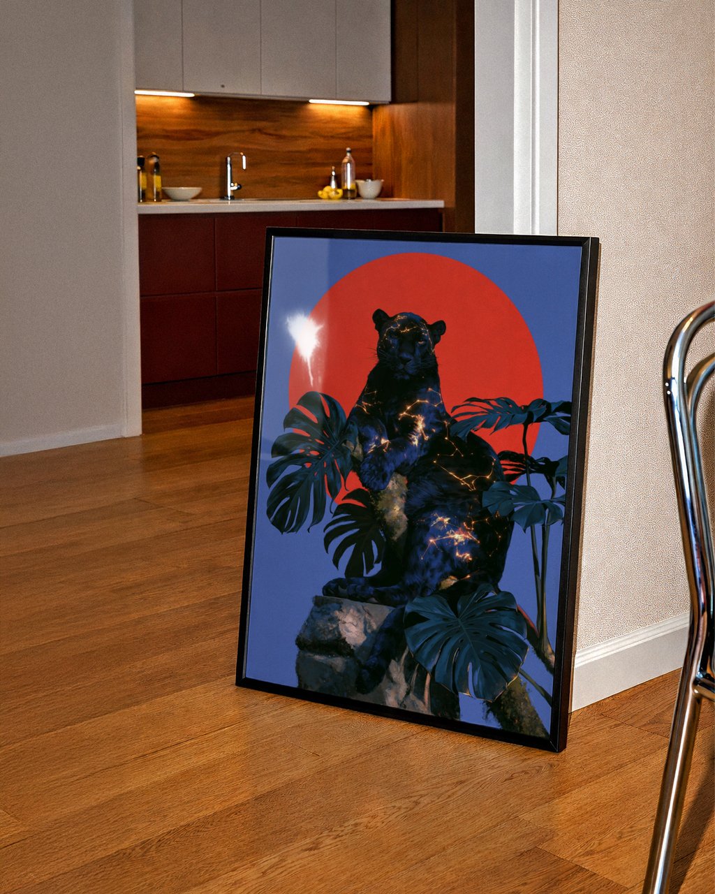 Black Panther Red Sun Monstera Poster, Celestial Big Cat Art Print