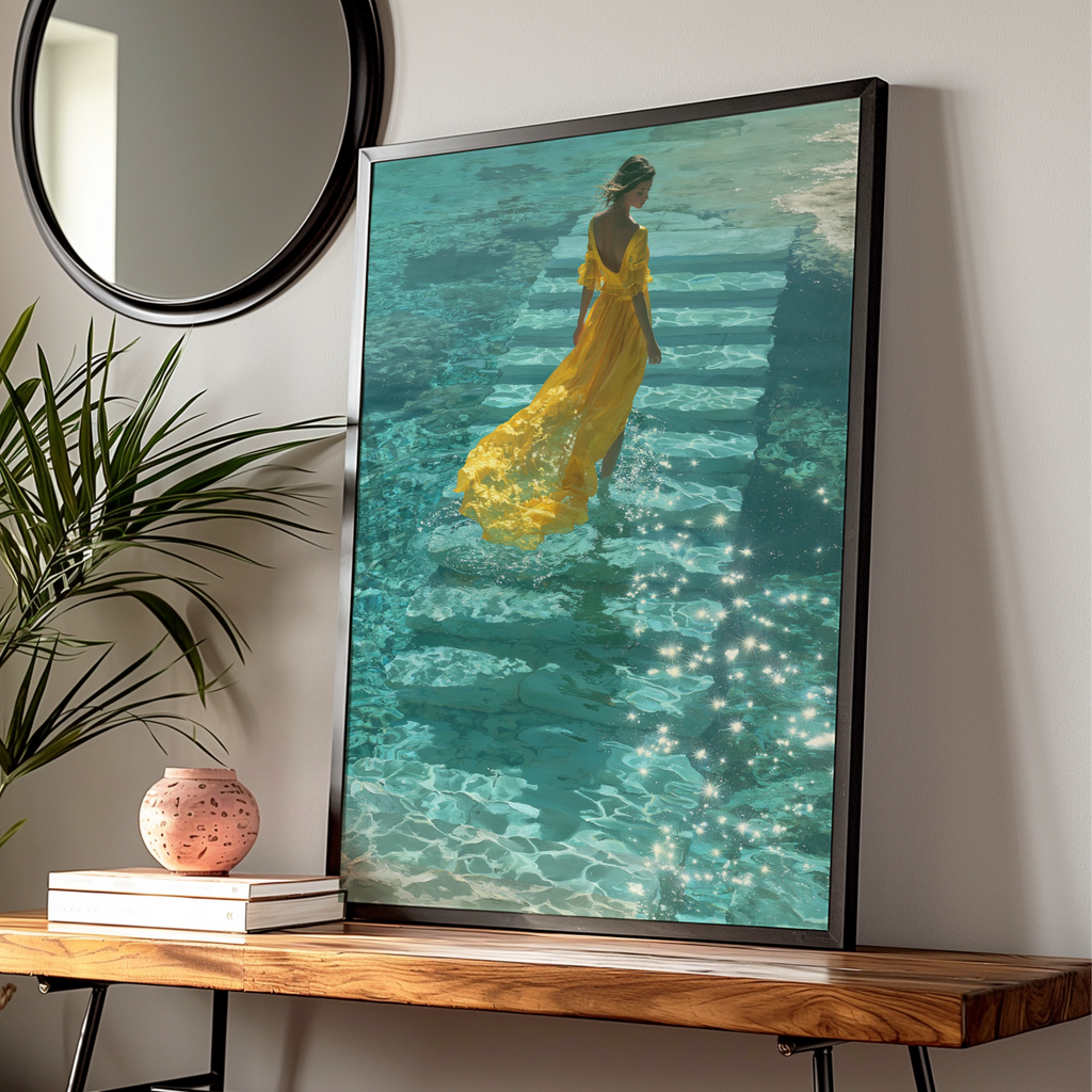 Woman Yellow Dress Water Steps Poster, Teal Ocean Wall Art, Figurative Print