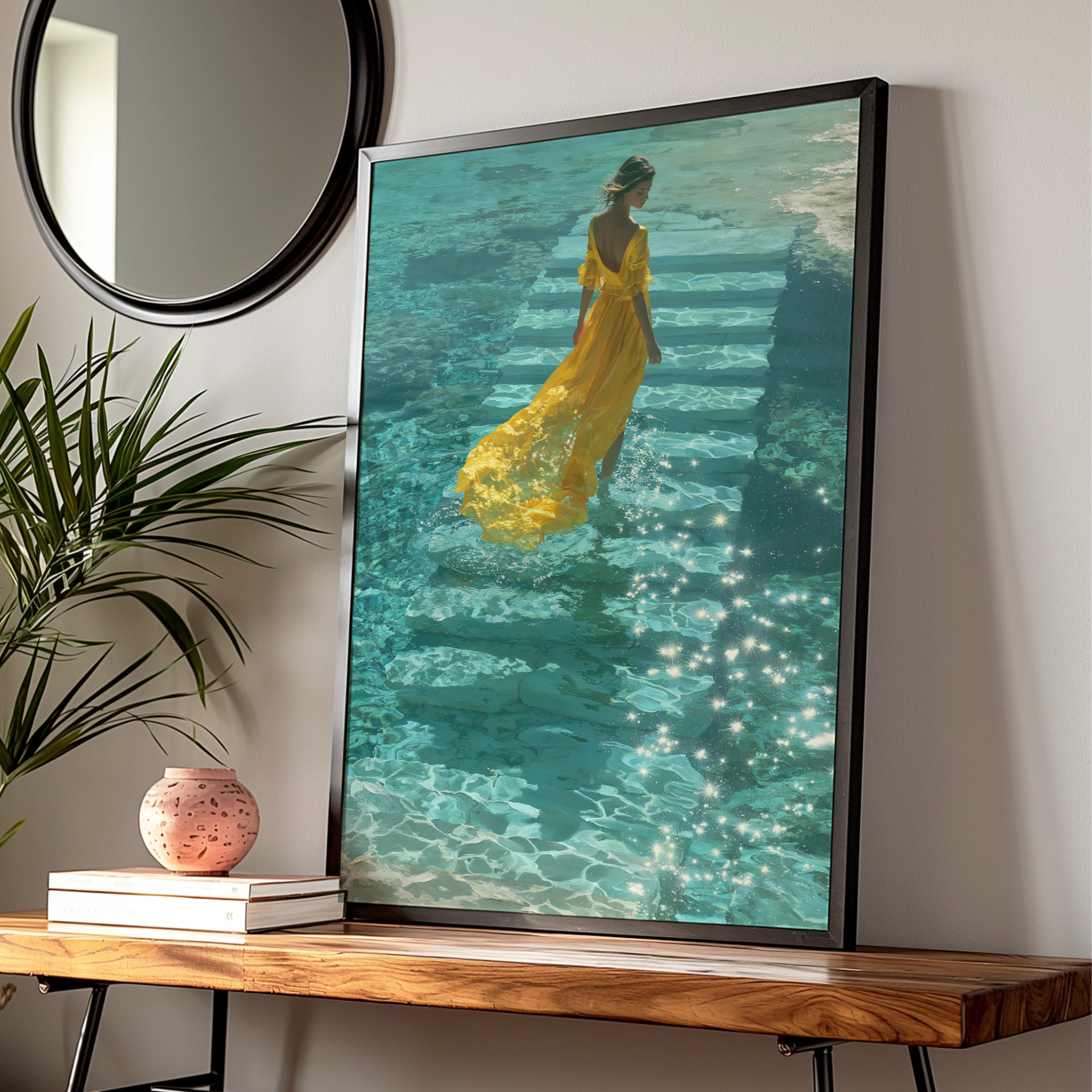 Woman Yellow Dress Water Steps Poster, Teal Ocean Wall Art, Figurative Print