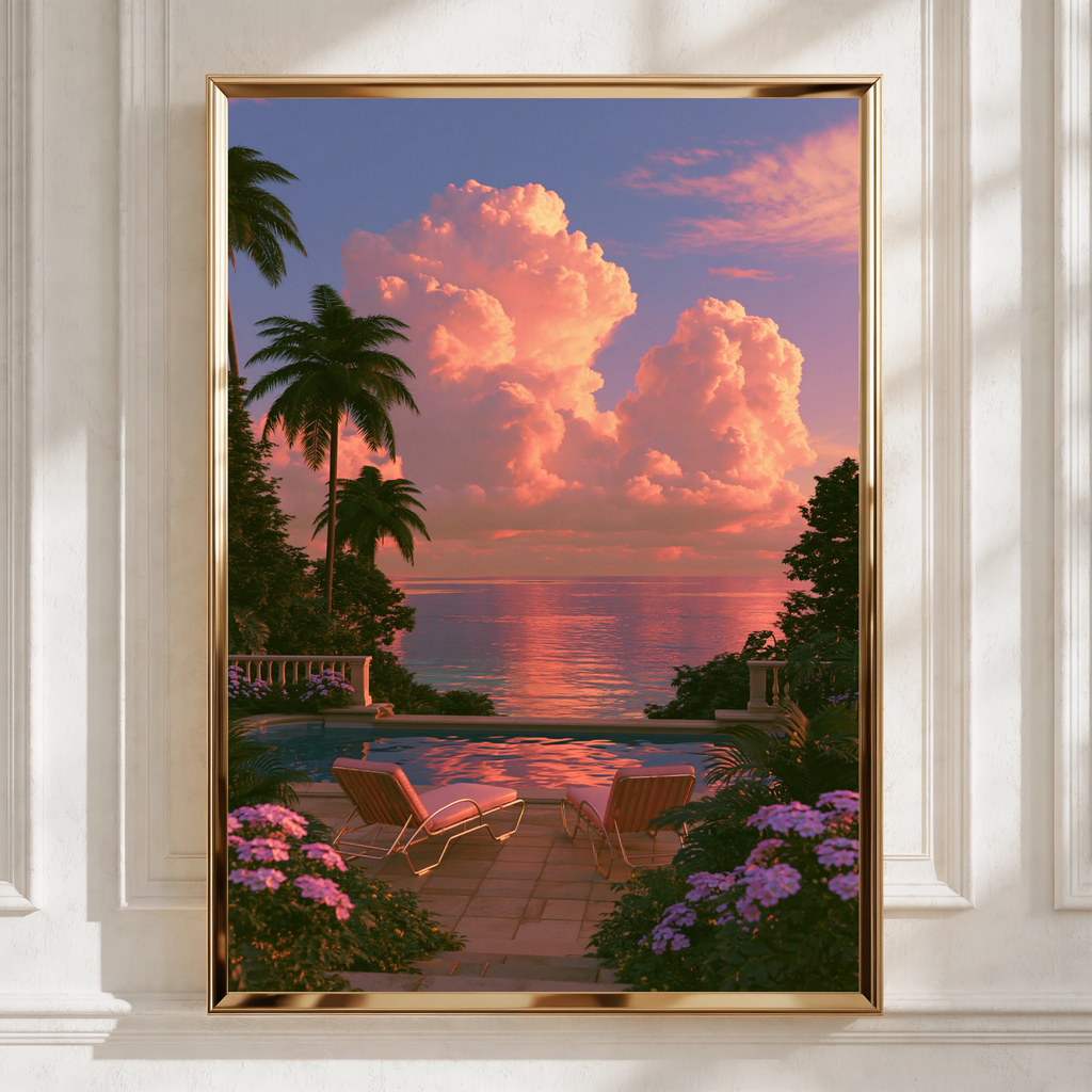 Pink Sunset Sun Loungers Pool Terrace Poster, Tropical Sky Wall Art Print