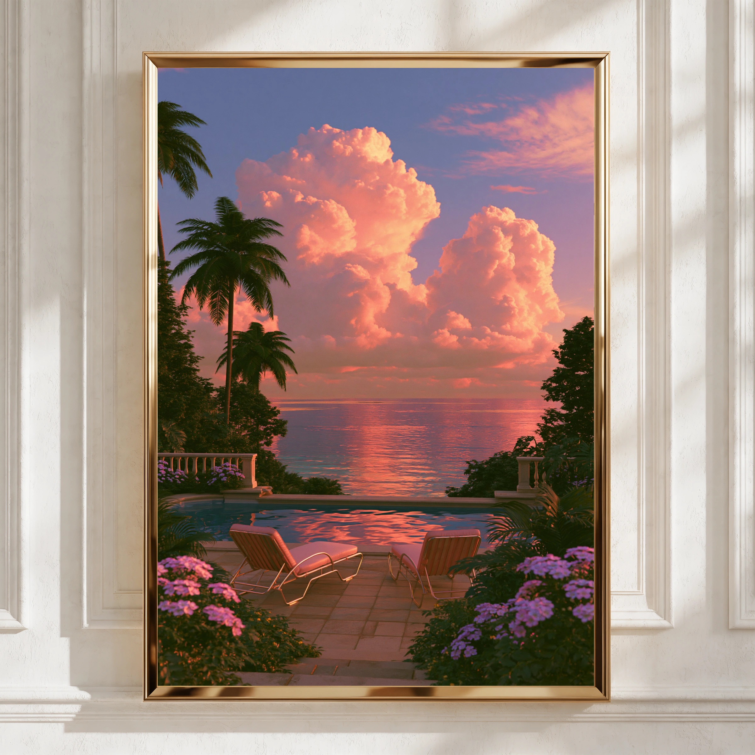 Pink Sunset Sun Loungers Pool Terrace Poster, Tropical Sky Wall Art Print