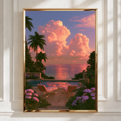 Pink Sunset Sun Loungers Pool Terrace Poster, Tropical Sky Wall Art Print