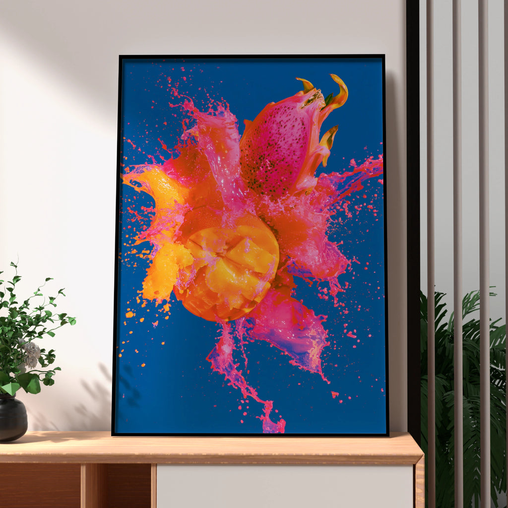 Dragon Fruit Mango Splash Poster, Tropical Fruit Wall Art, Bold Colourful Print