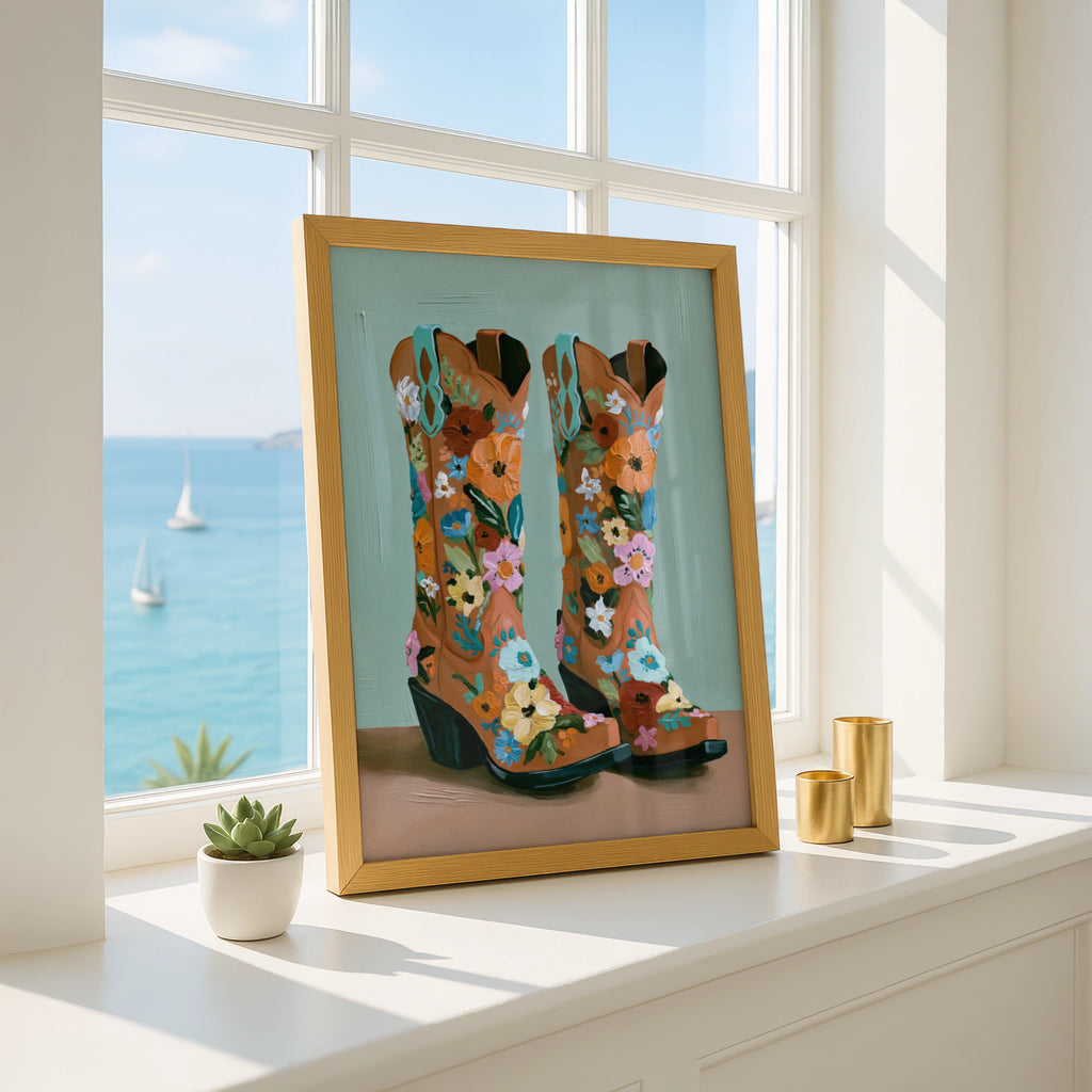 Floral Cowboy Boots Poster, Western Wall Art, Colourful Oil Painting Style Print