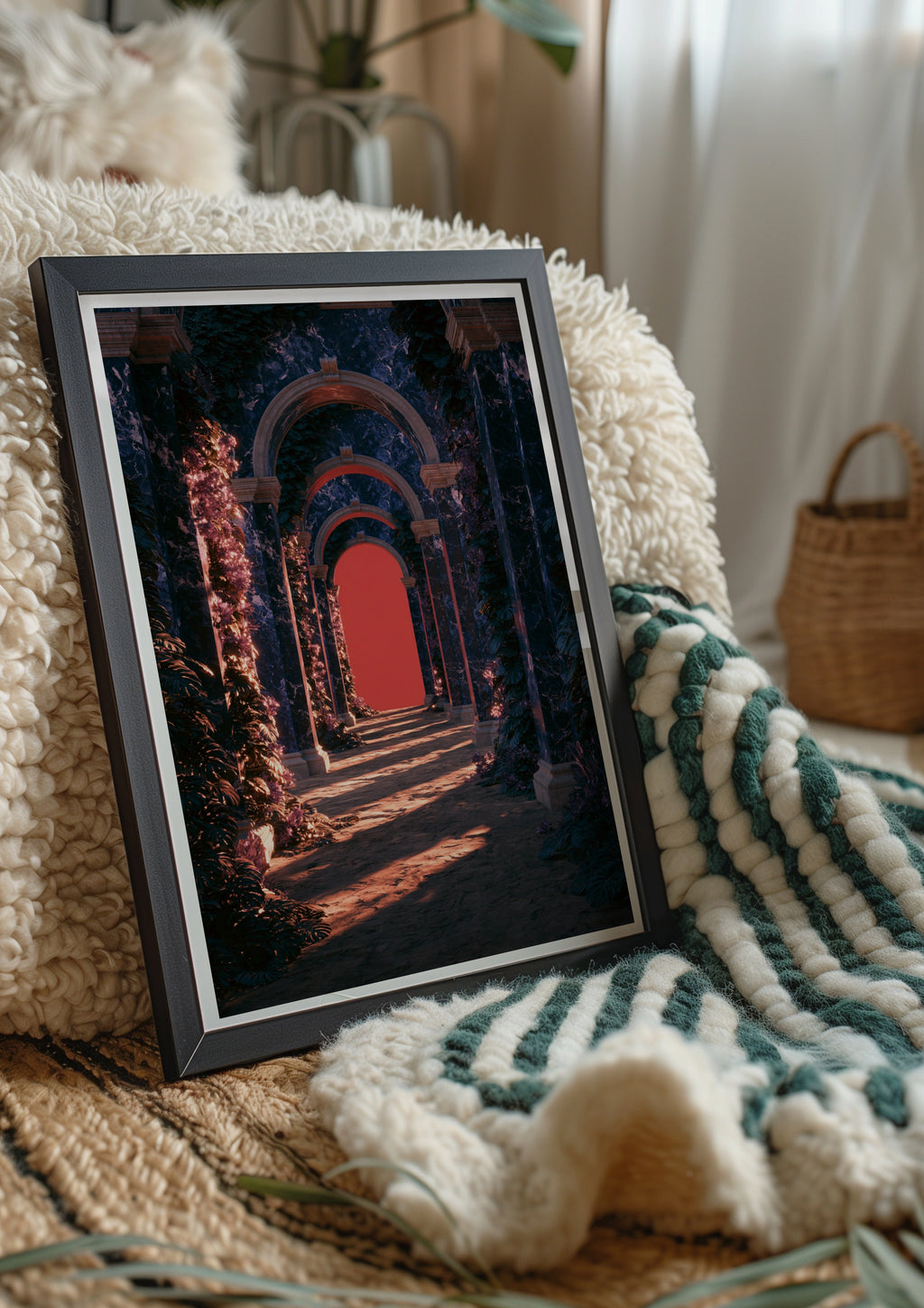 Blue Marble Arches Red Glow Poster, Classical Architecture Art Print