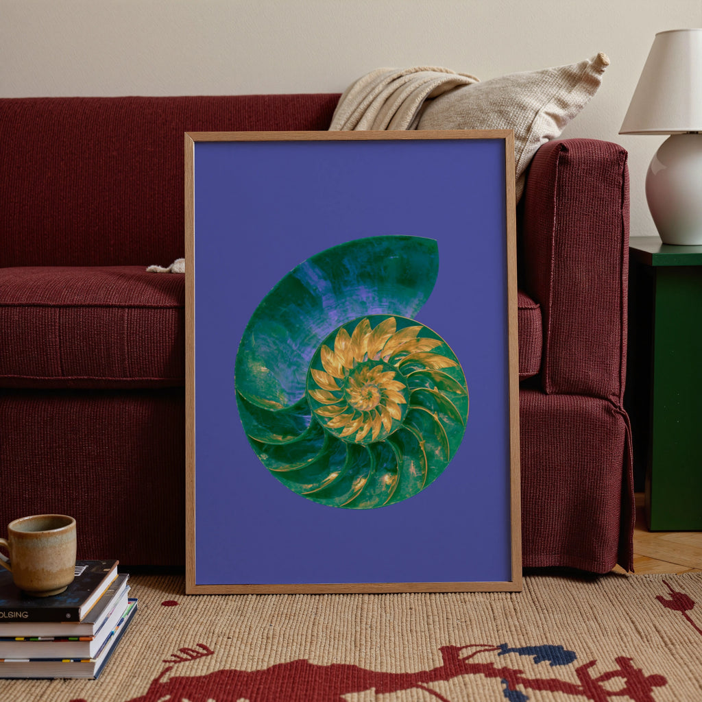 Nautilus Shell Poster, Green Gold Spiral, Bold Colour Nature Wall Art Print
