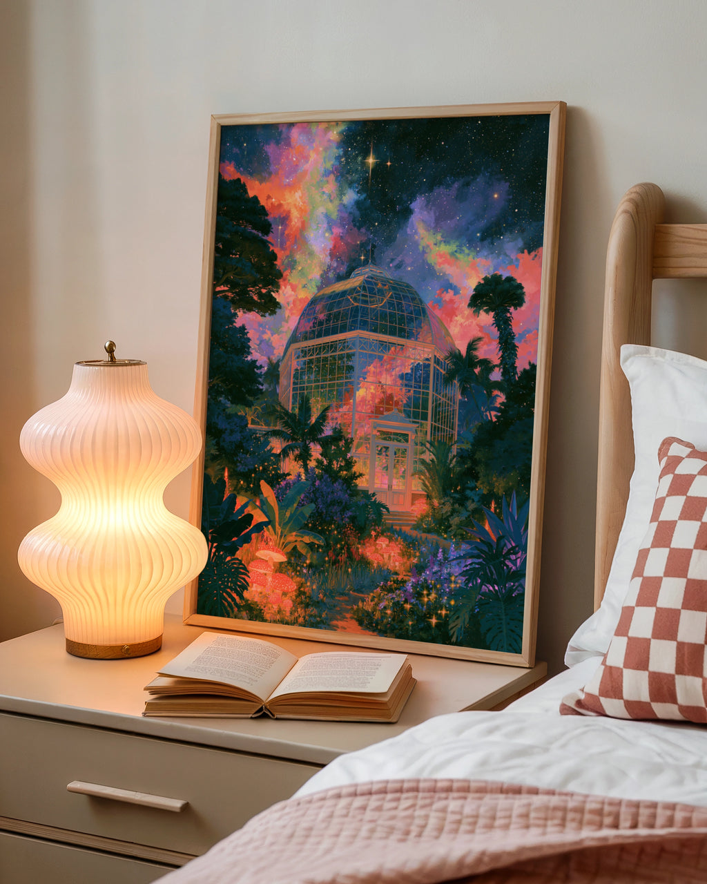Surreal Glass Observatory Poster, Cosmic Night Sky, Botanical Art Print