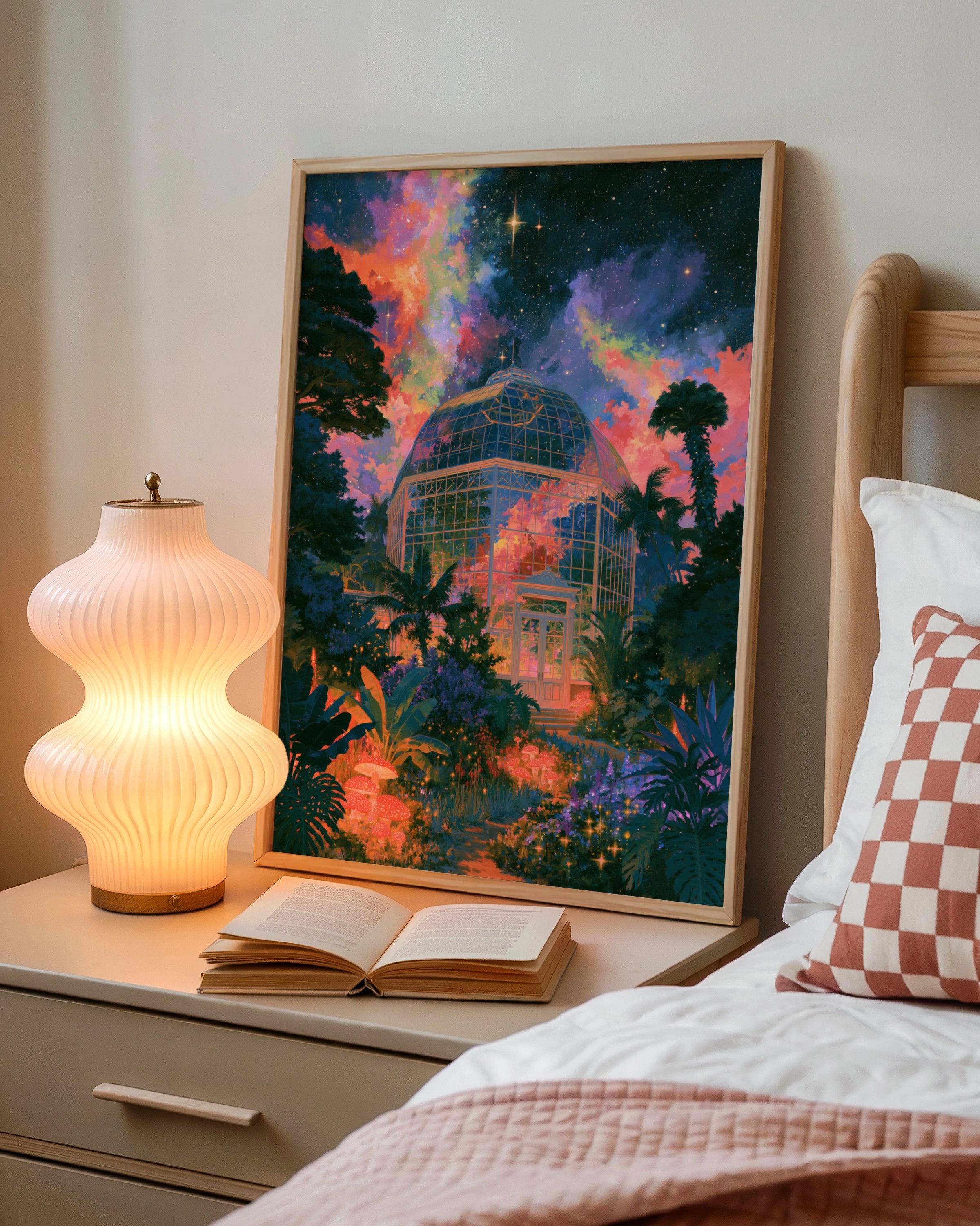 Surreal Glass Observatory Poster, Cosmic Night Sky, Botanical Art Print