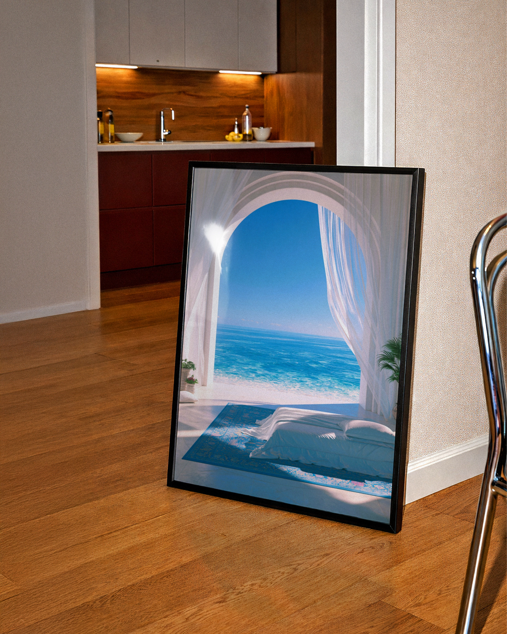 Sea View Bedroom Arch Curtain Poster, Mediterranean Ocean Wall Art Print