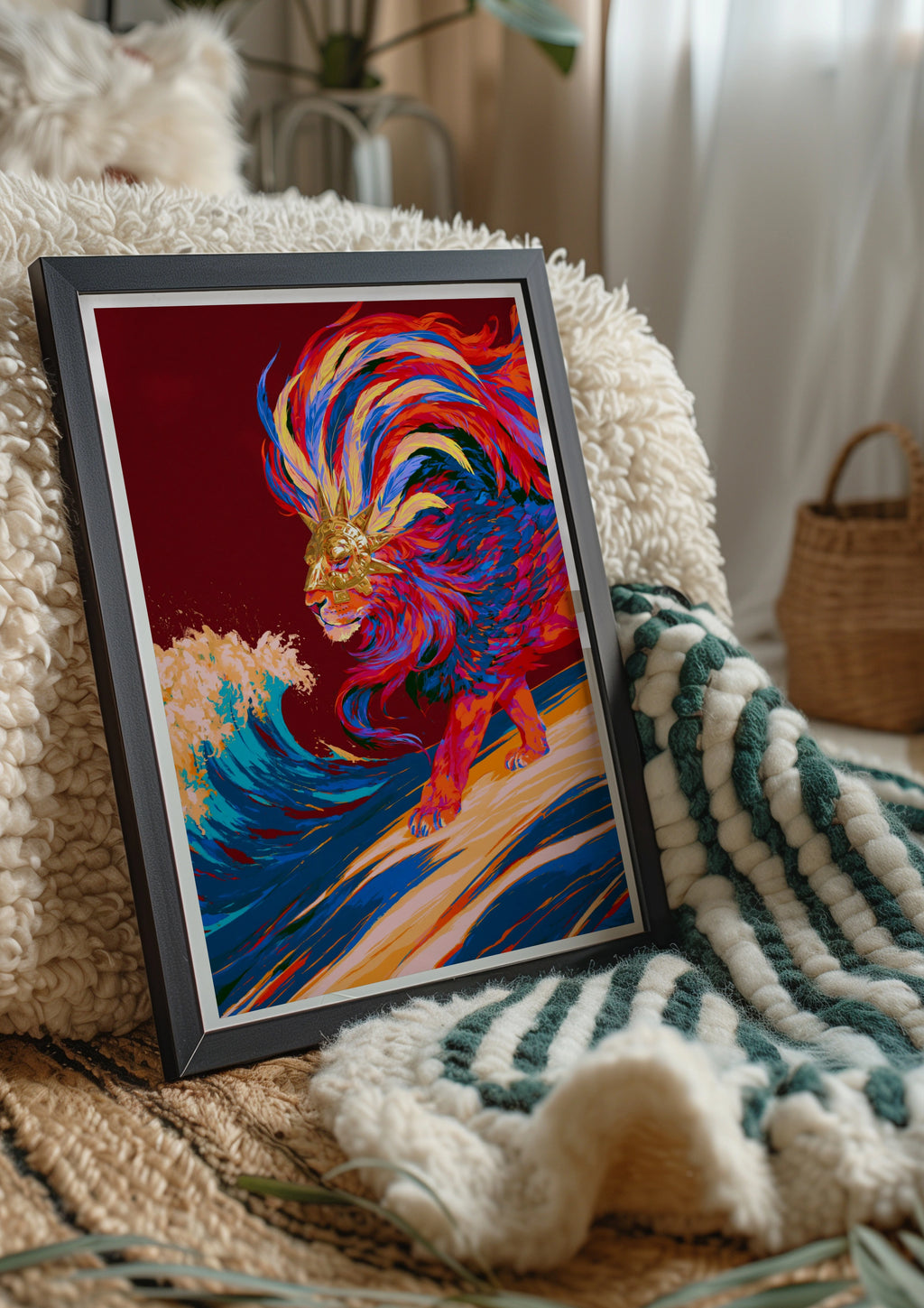 Divine Lion God Poster, Mythical Beast Wave Art, Bold Colourful Print
