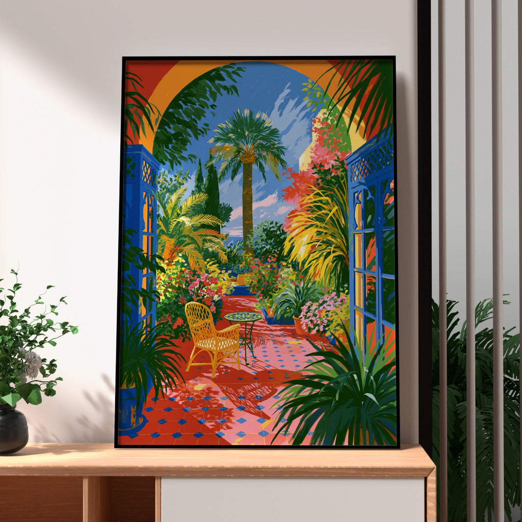 Courtyard Flowers Palms Poster, Moroccan Garden Wall Art, Colourful Botanical Print