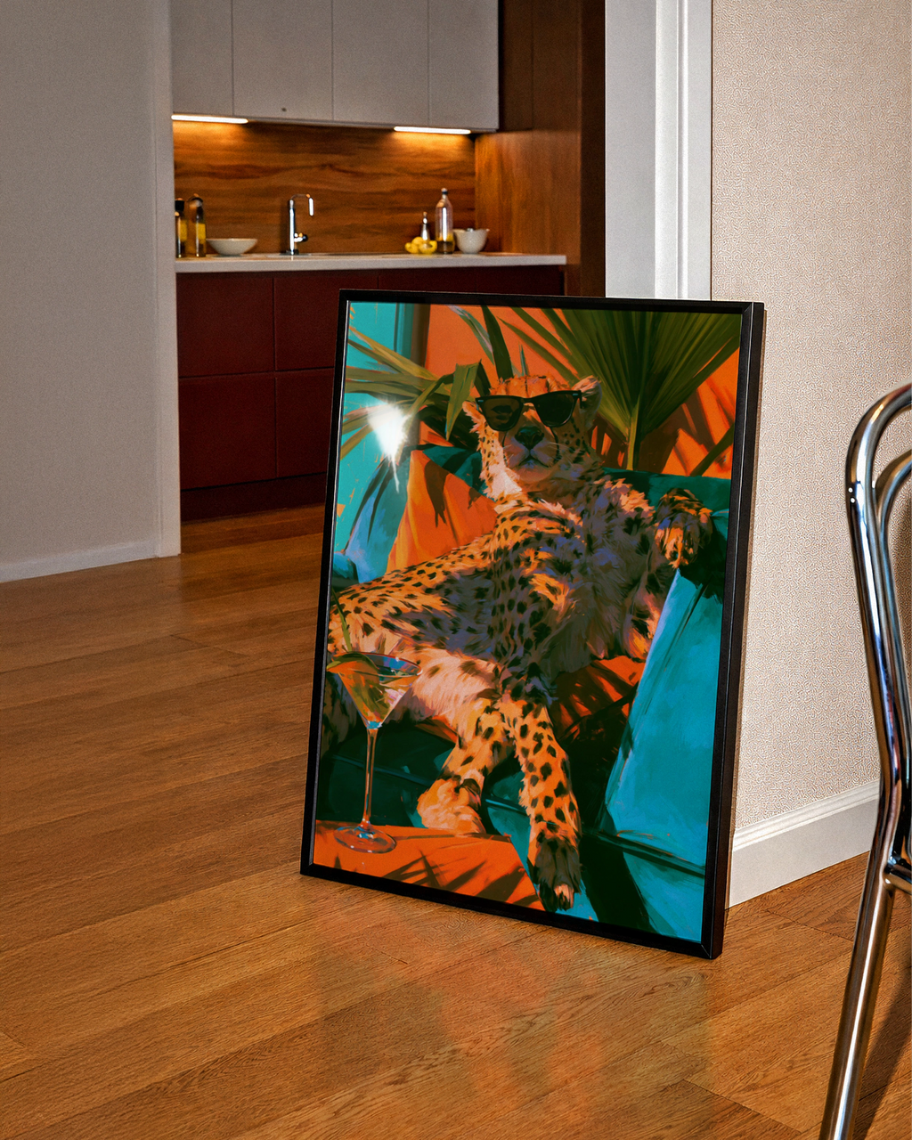Relaxing Cheetah Sunglasses Martini Poster, Tropical Bold Colour Art Print
