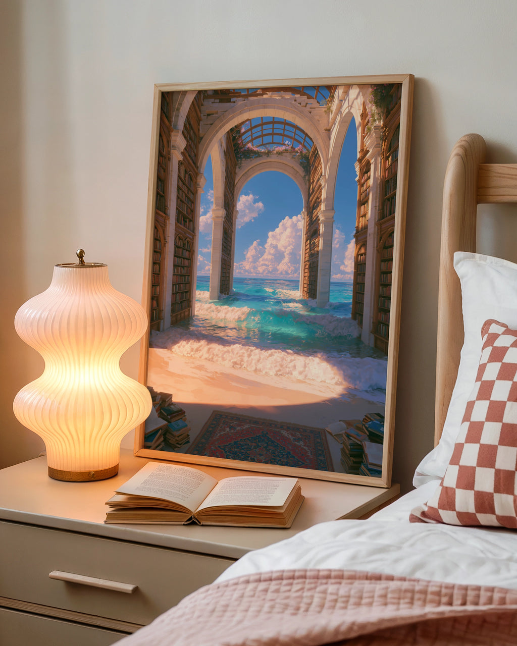 Library Ocean Fantasy Poster, Surreal Bookshelf Sea Arch Print, Dreamy Wall Art