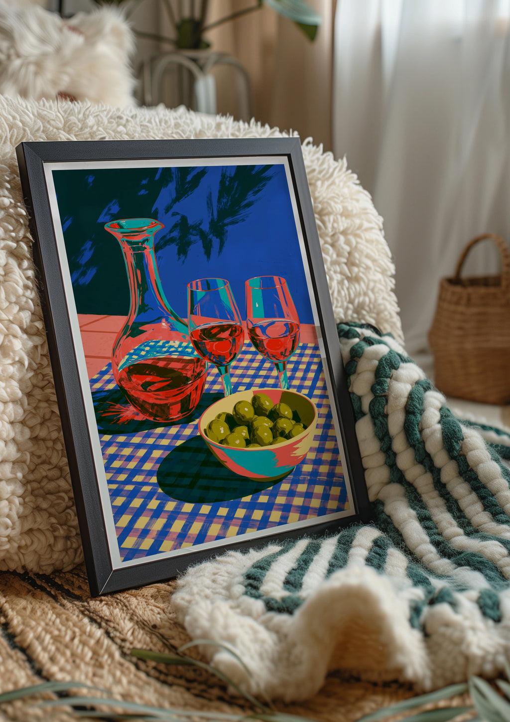 Wine & Olives Still Life Poster, Bold Colourful Mediterranean Wall Art