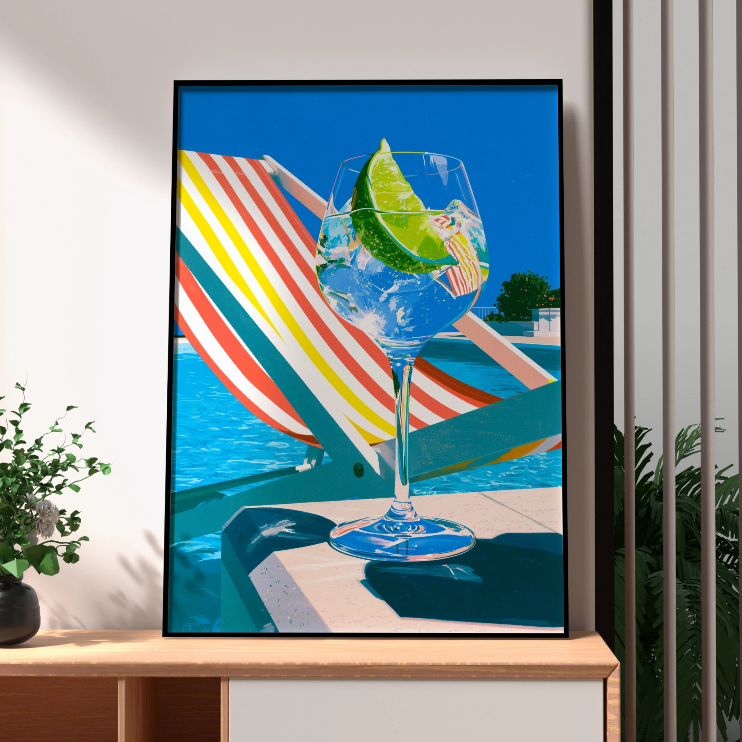 Gin & Tonic Poolside Sun Lounger Art Print, Summer Cocktail Poster, Pop Art Style