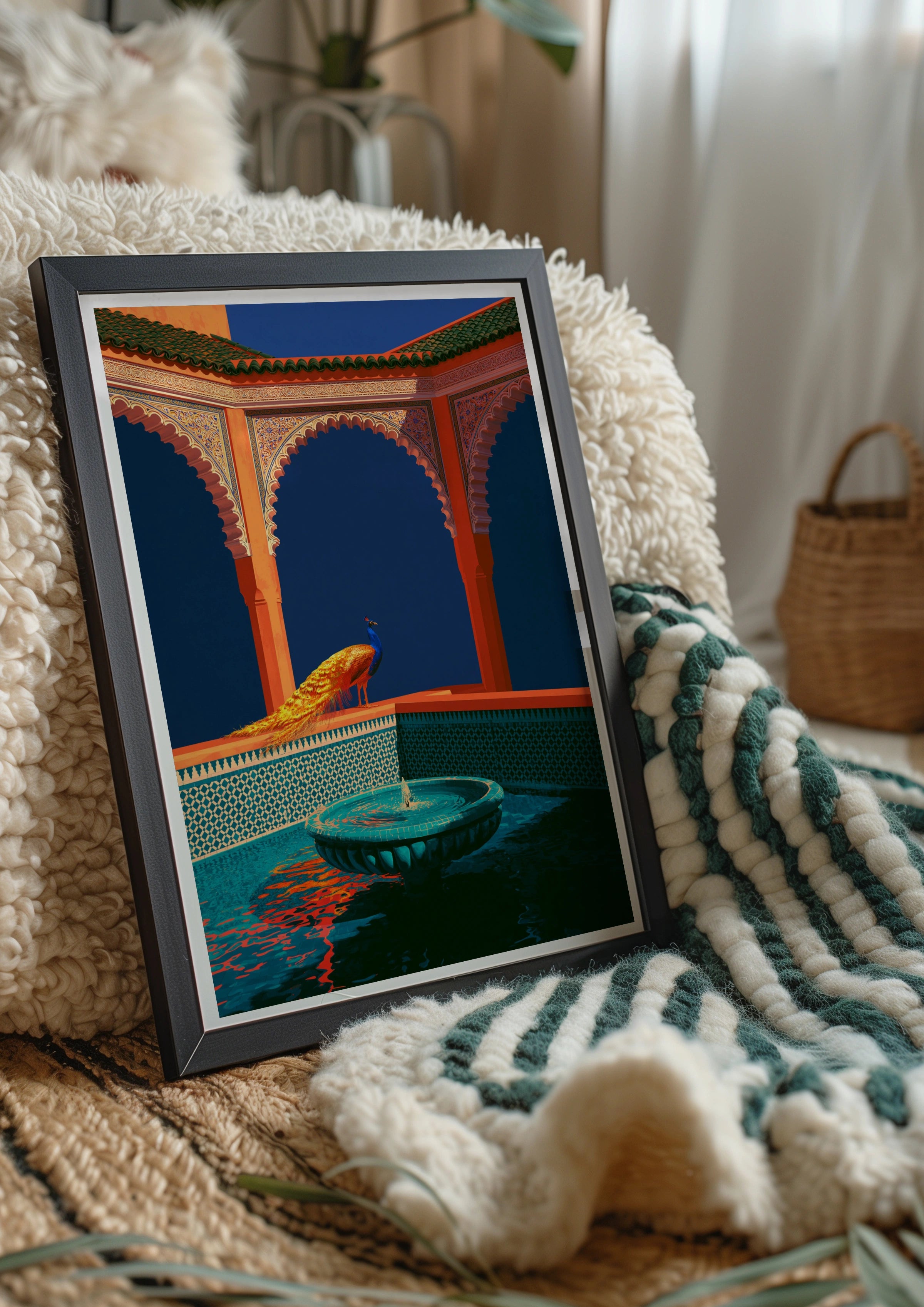 Peacock Moorish Arches Fountain Poster, Moroccan Architecture Wall Art Print