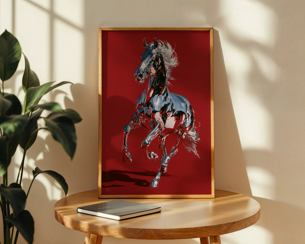 Chrome Horse Poster, Red Wall Art, Metallic Equine Print, Bold Modern Style