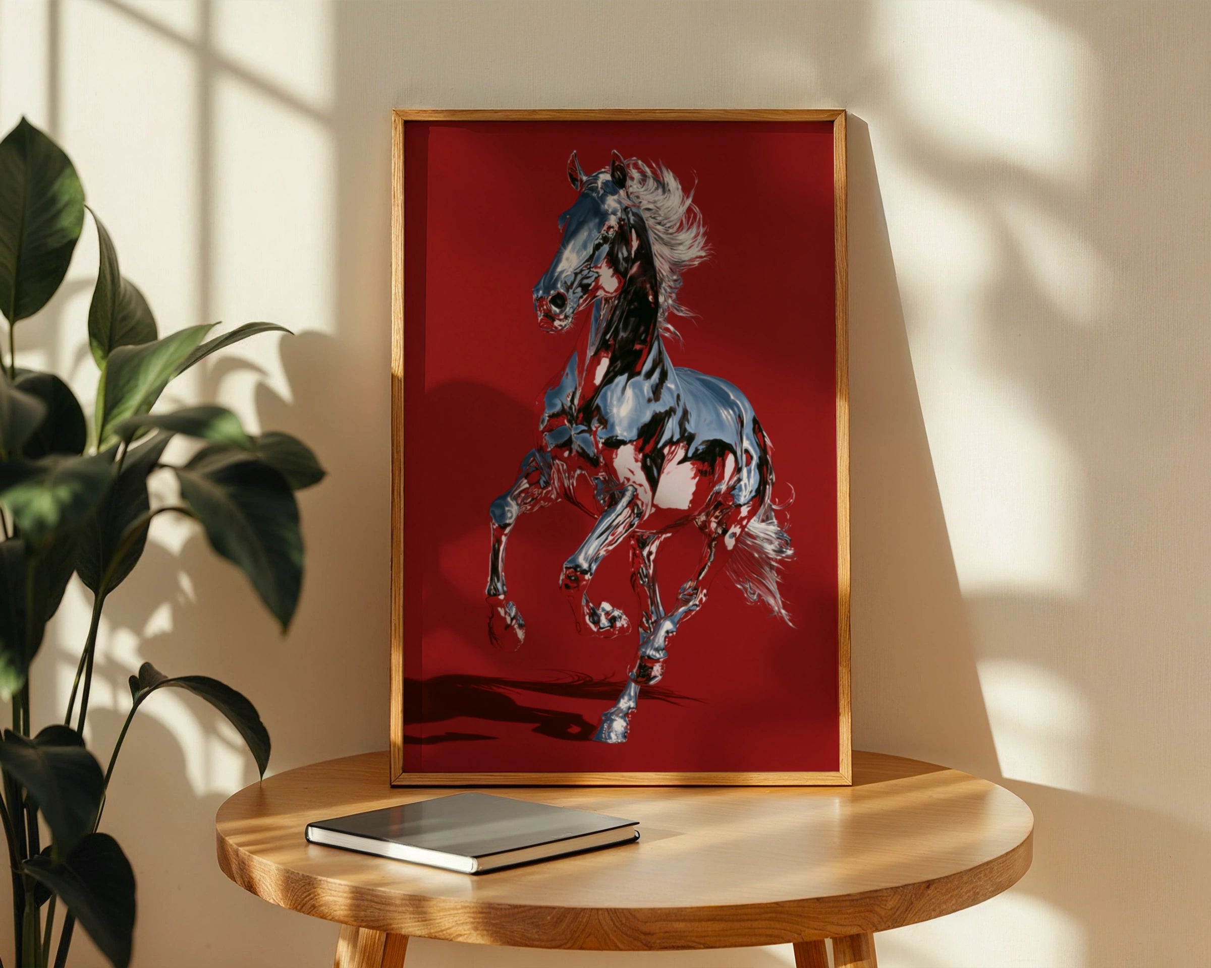 Chrome Horse Poster, Red Wall Art, Metallic Equine Print, Bold Modern Style