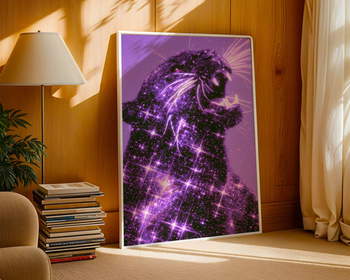 Black Panther Star Purple Poster, Glitter Big Cat Wall Art, Bold Maximalist Print
