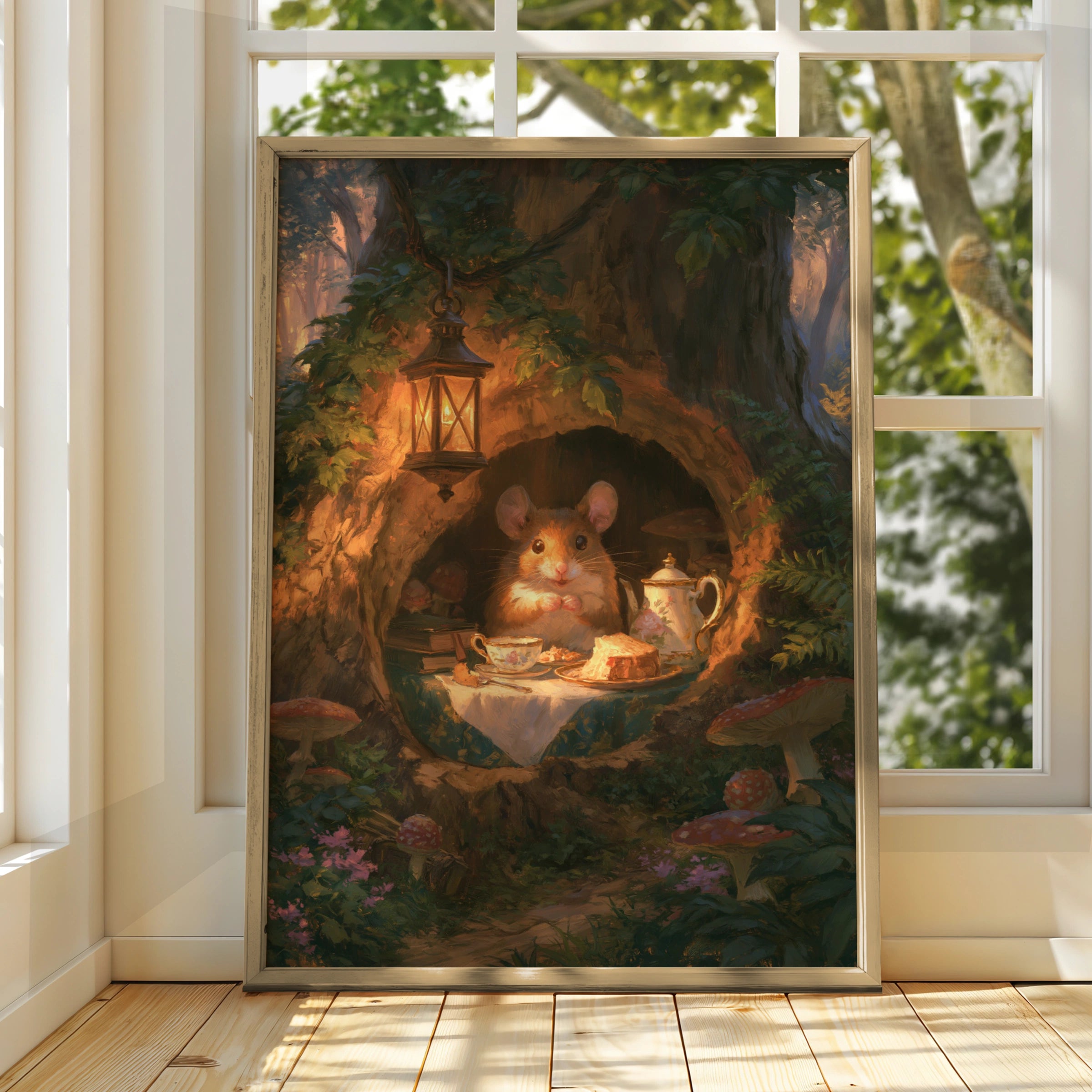 Mouse Tea Party Forest Poster, Cosy Cottagecore Wall Art, Whimsical Animal Print