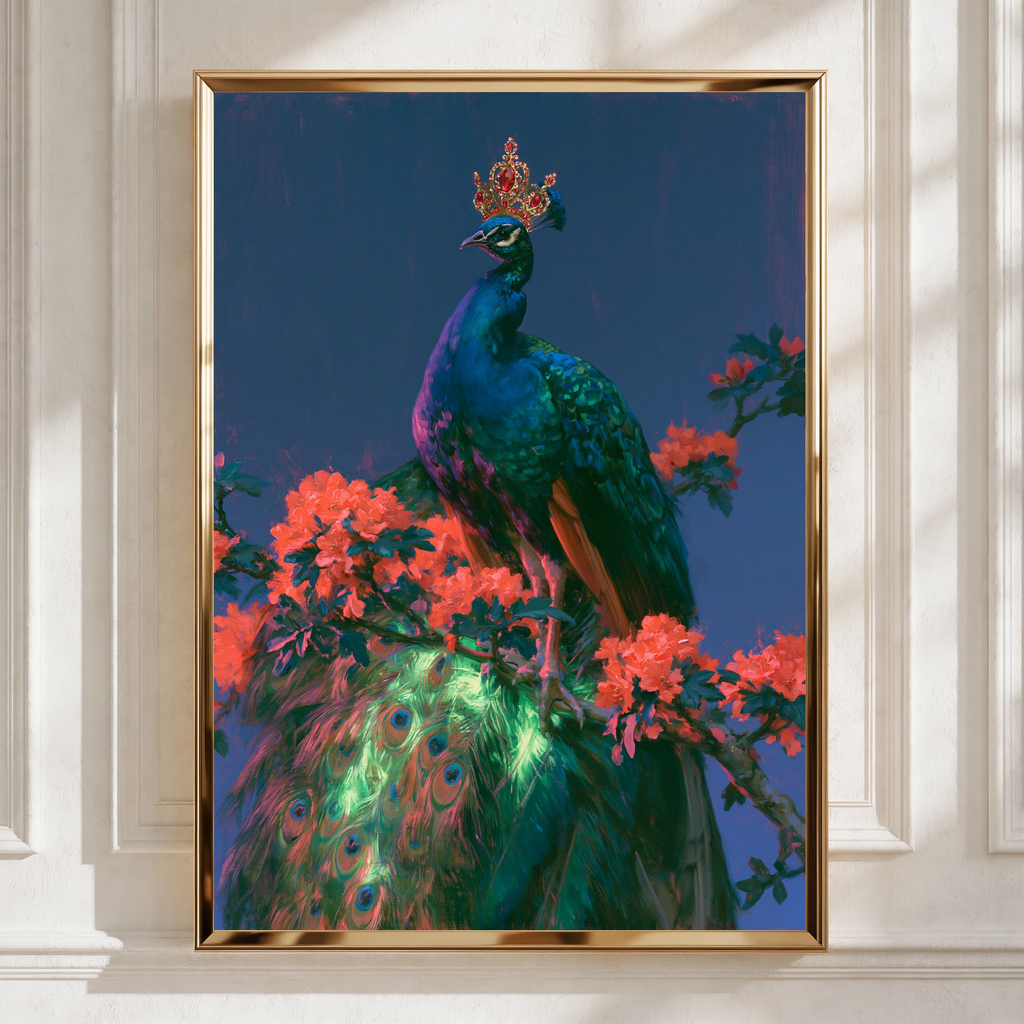 Crowned Peacock Wall Art Poster, Royal Bird Print, Dark Floral Botanical