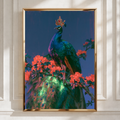 Crowned Peacock Wall Art Poster, Royal Bird Print, Dark Floral Botanical