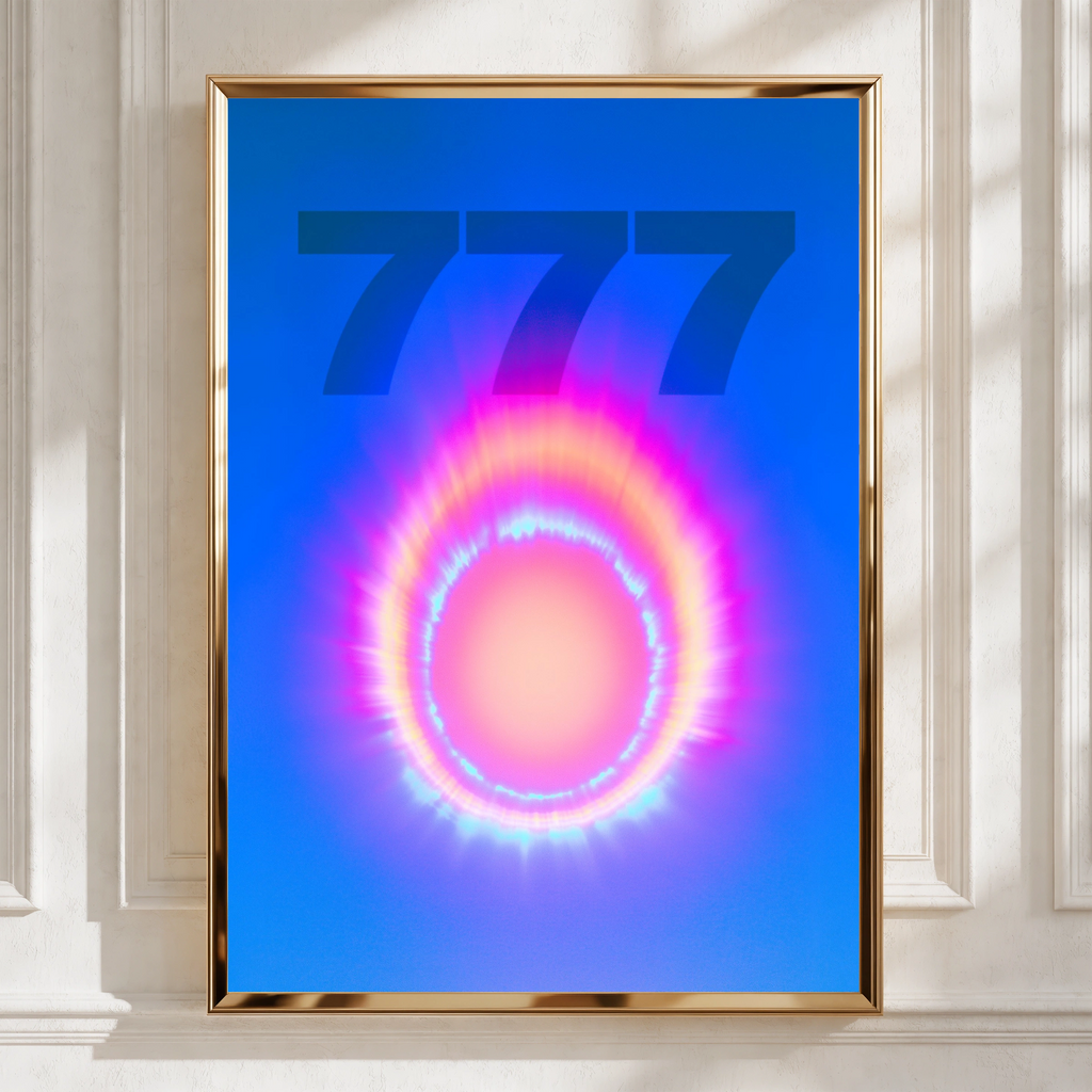 777 Angel Number Poster, Neon Aura Ring Print, Spiritual Blue Wall Art